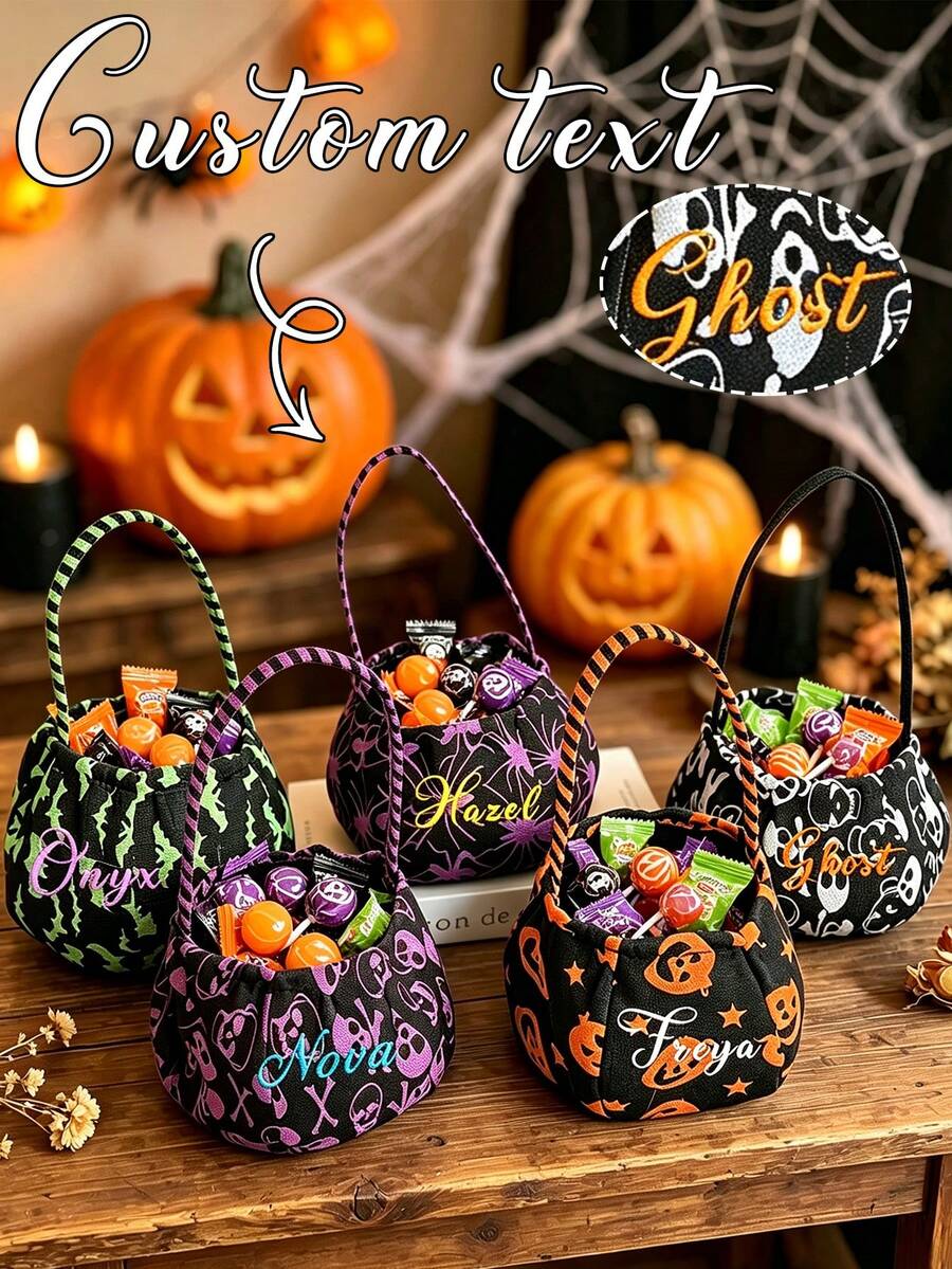 Custom Embroidered Name Halloween Candy Bag, Trick‑Or‑Treat Bucket, Ghost & Pumpkin Print Drawstring Gift Pouch, Halloween Party Favor Basket - Multicolor - View 1