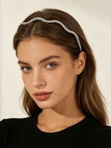 1pc Korean Style Minimalist Full Rhinestone Wave Headband, Silver Metal Thin Headband, Exquisite Rhinestone Women's Hair Accessory For Outing And Dating - Silver - View 2