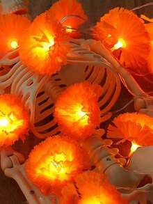 1pc Marigold Wreath With LED Lights, Battery Operated, Decorative, 10pcs LED Artificial Marigold String Lights, Battery Operated, Suitable For Day Of The Dead, Halloween, Diwali, Altar, Grave, Cemetery Decoration - Multicolor - View 4