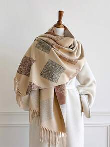 1pc Paisley Square Jacquard Tasseled Thick Scarf 65*195cm, Polyester Core‑Spun Yarn, Fall Winter Shawl For Travel Party Outing, Wear As Scarf Shawl - Multicolor - View 8