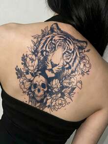 Herbal Juice Semi-Permanent Large Arm Tattoo Sticker Tiger Head Floral Skull Pattern 14 Days No Fading DIY Chest Waist Abdomen Thigh Holiday Party Gift Body Tattoo Sticker 1pc/Pack - Blue - View 2