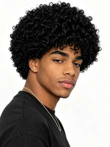 Short Afro Wig, Fluffy Fashionable Men's Party Style, Suitable For All Men's Party Outfits And Daily Wear. - Black - View 4
