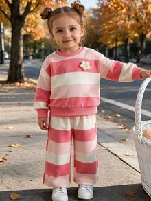 2pcs Baby Girl Sweet Energetic Style 3D Knitted Flower Decor Striped Crew Neck Long Sleeve Sweatshirt & Matching Straight Leg Pants Set, Spring/Autumn - Watermelon Pink - View 2