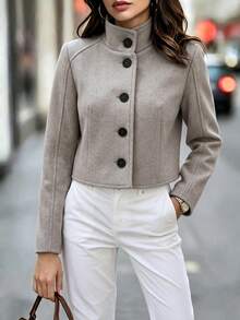 Women's Grey Wool Coat, Long Sleeve Stand Collar Button Short Jacket For Fashion Daily, Office, Commute, Spring Fall Winter Wardrobe Essential - Camel - View 5