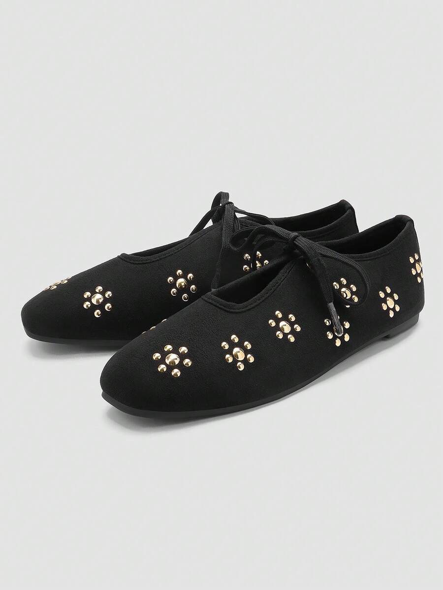 ADAMUMU Gold Rivet Floral Decor V-Cut Lace-Up Flats, Soft Sole Square-Round Toe, Niche Design Sweet Cool Commute - Black - View 1