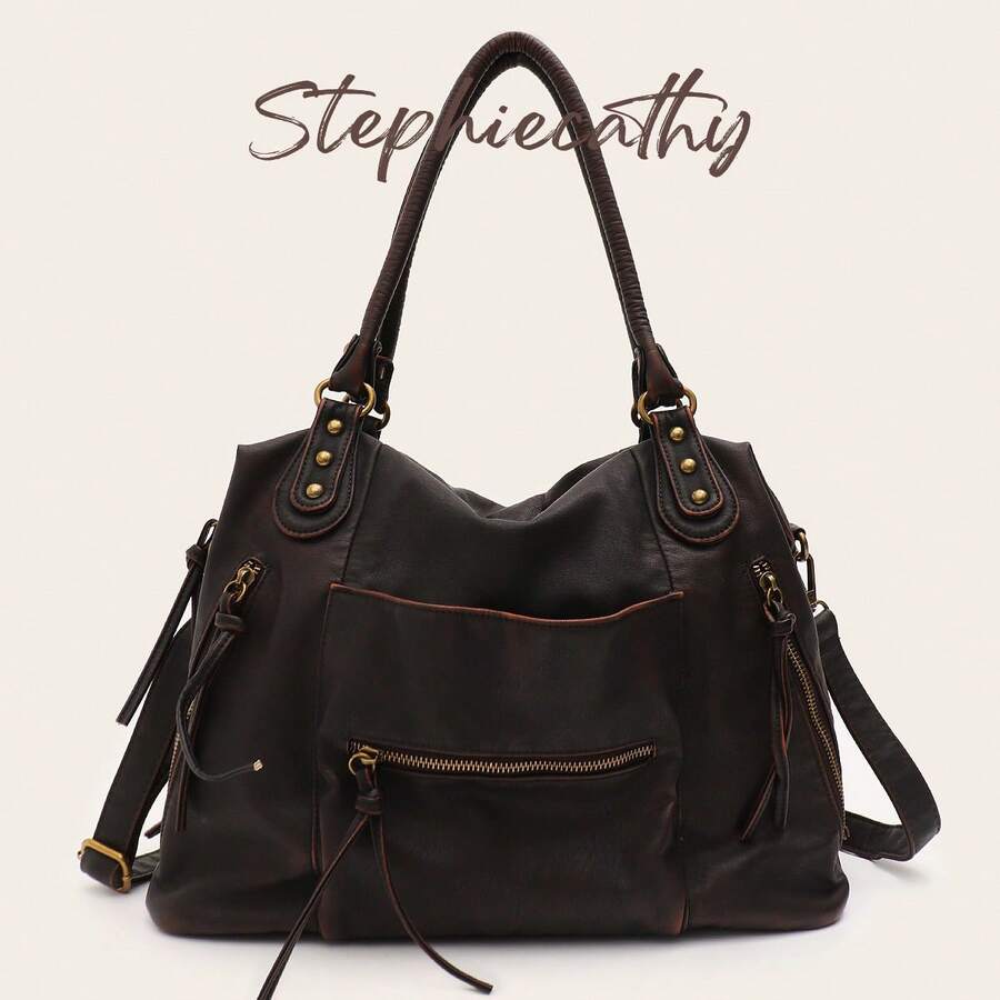 STEPHIECATHY 哥德龐克街頭風女款復古做舊軟 PU 素色斜挎包,大容量通勤包可放 13 吋筆電,多口袋休閒日常旅行學院風 - 咖啡 - 查看 1