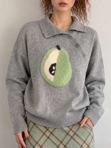 Women's Autumn/Winter Casual Cute Fluffy Pattern Asymmetric Placket Pullover Sweater - Grey - View 4