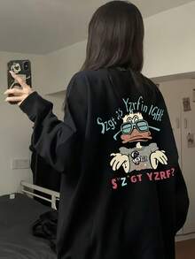 女款秋冬時尚寬鬆極簡百搭貓爪與卡通鴨印花長袖T恤 - 黑色 - 查看 4