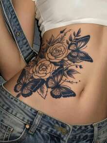 Herbal Juice Semi-Permanent Large Arm Tattoo Sticker Butterfly & Floral Pattern 14 Days No Fading Music Festival Party Gift Waist Abdomen Legs Back Body Temporary Tattoo Sticker 1pc/Pack - Blue - View 5
