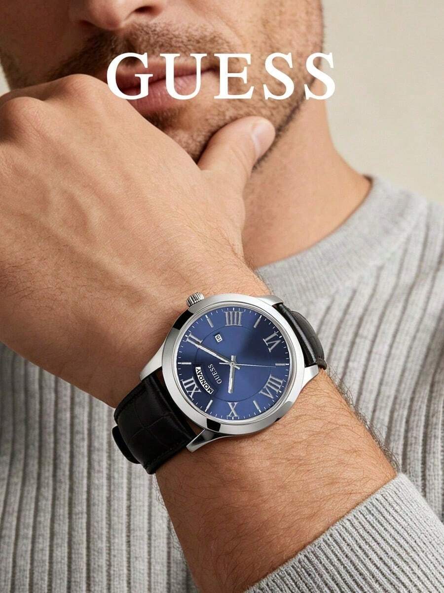GUESS Men's Business Blue Dial Quartz Watch With Roman Numeral Day Date Display, Crocodile Embossed Black Leather Strap, Minimalist Commuter Wristwatch, Gift - Black - View 1