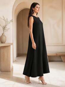 Solid Color Pearlescent Round Neck Sleeveless Minimalist Casual Tank Dress - Black - View 2