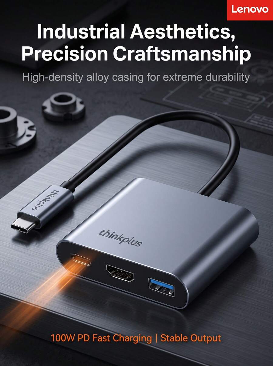 Lenovo Docking station Type-C 3-in-1 ini mengintegrasikan pengisian daya PD100W, fungsionalitas 4K, dan kabel splitter USB 3.0, menyediakan solusi ekspansi yang nyaman untuk laptop. - View 1