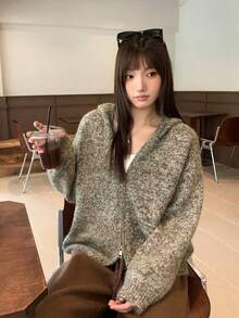 Women's Multicolor Hooded Zip-Up Knit Cardigan, Loose Fit, Soft Thick Casual Sweater Jacket, Autumn/Winter - Brown - View 1