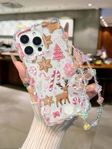 Christmas Painted Twisted Wave Edge Transparent Phone Case With Attached Bracelet, Printed Anti-Drop Fashion Cute Design For IPhone 17/17 Pro/17 Pro Max/16/16 Pro/16 Pro Max/16 Plus/14/15, 10 Cases, Thickened Soft Full Coverage Creative Protective Shell - Multicolor - View 2