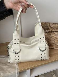 Women's Glossy Solid Color Rivet Handbag, Retro Patent Leather Shoulder Bag, Large Capacity Briefcase, Daily Commuting Bag, Banquet - White - View 3