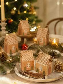 10/20pcs Christmas House Shaped Gift Boxes With Rope, Gingerbread House Paper Party Favor Boxes, Holiday Home Decor Gift Containers, Winter New Year Gifts, Christmas Tree Decorations - Christmas Kraft Paper Gift Box - View 3