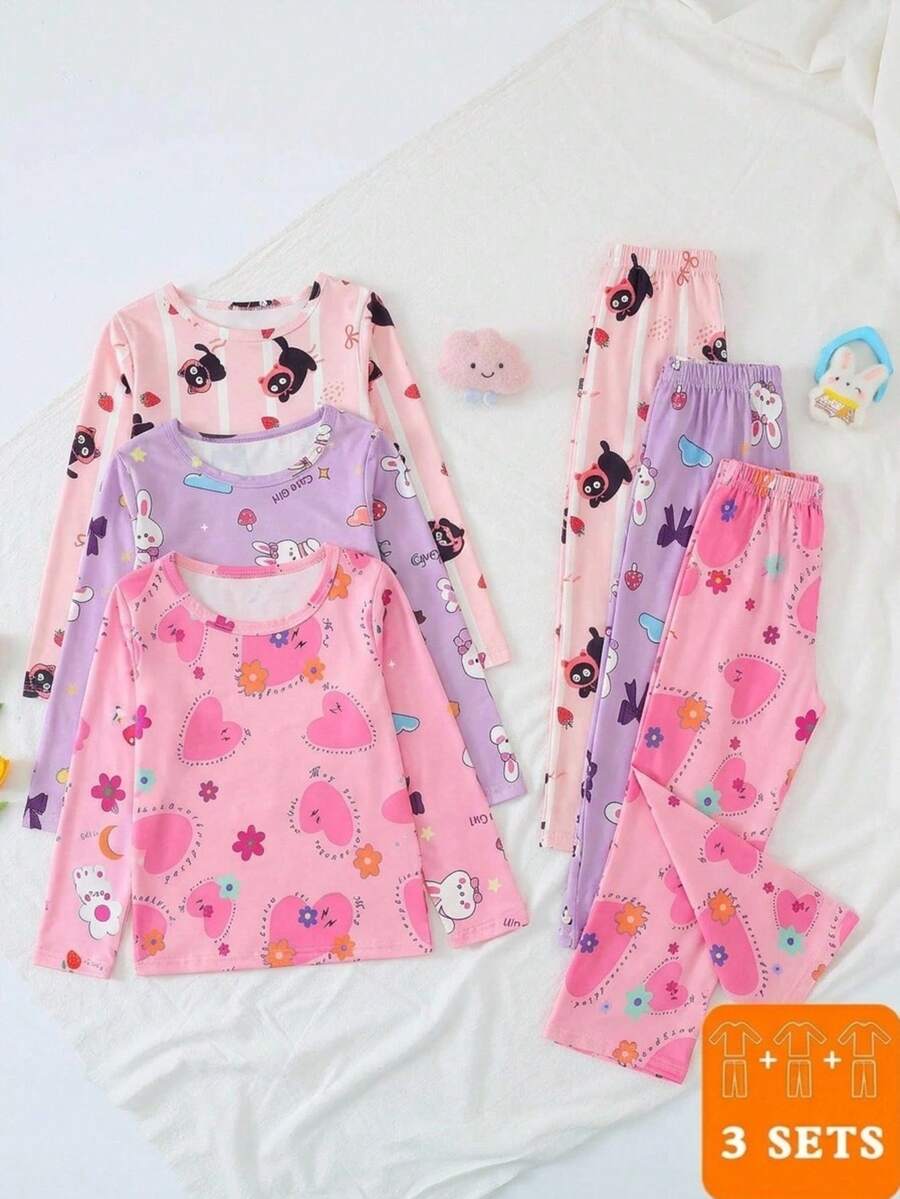 3 Sets Girls Long Sleeve Long Pants Pajamas Cartoon Cute Print Spring Autumn Home Wear All-Over Print Set - Multicolor - View 1