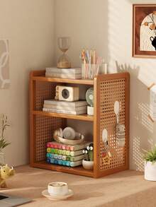 3‑Tier Natural Wood Rattan Desk Shelf, Tabletop Storage Organizer, Boho Countertop Display Rack With Free Bonus Hooks For Stationery, Books, Makeup, Small Plant Decor For Bedroom, Study Room, Dorm, Workspace, Home Office - Multicolor - View 2