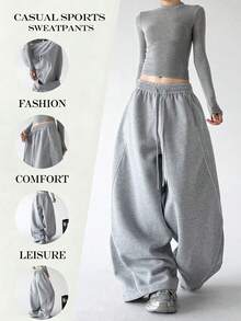 Women's New Fashion Colorblock Design Side Stripe Loose Wide Leg Sweatpants, Straight Leg Comfortable Casual Joggers With Drawstring Pockets, All-Season Wear, Versatile Slimming Dance Sweatpants - Grey - View 5