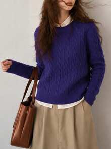 Vintage Preppy Style Women's Pullover Knit Sweater, Long Sleeve Regular Fit Knit Top, Slightly Elastic - Purple - View 1