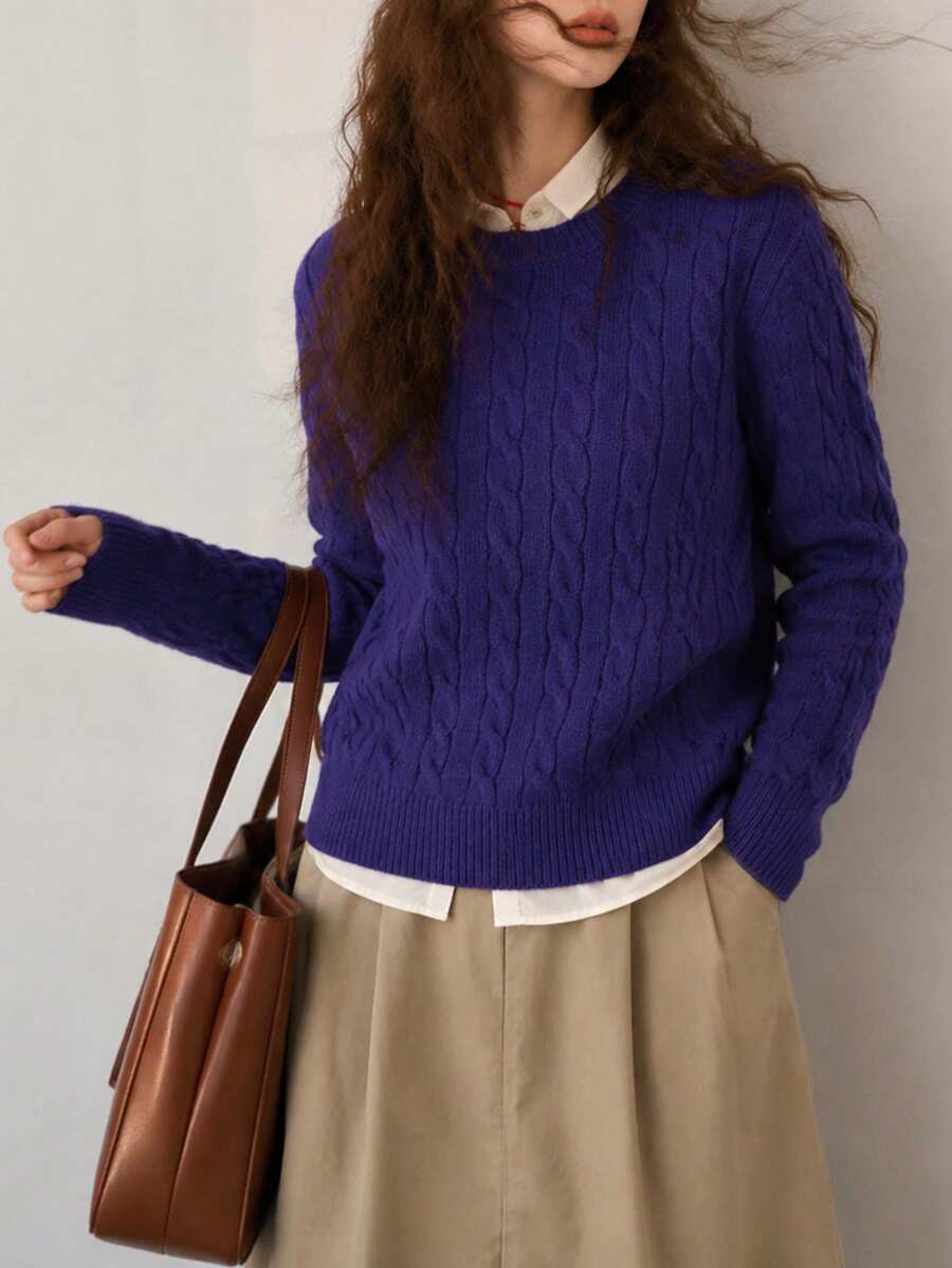 Vintage Preppy Style Women's Pullover Knit Sweater, Long Sleeve Regular Fit Knit Top, Slightly Elastic - Purple - View 1