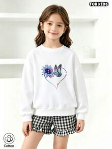 Girls' Butterfly Love Printed Hoodie, Loose Round Neck Long Sleeved, Soft And Breathable, Fashionable For Daily Street Wear In Autumn And Winter - White - View 3
