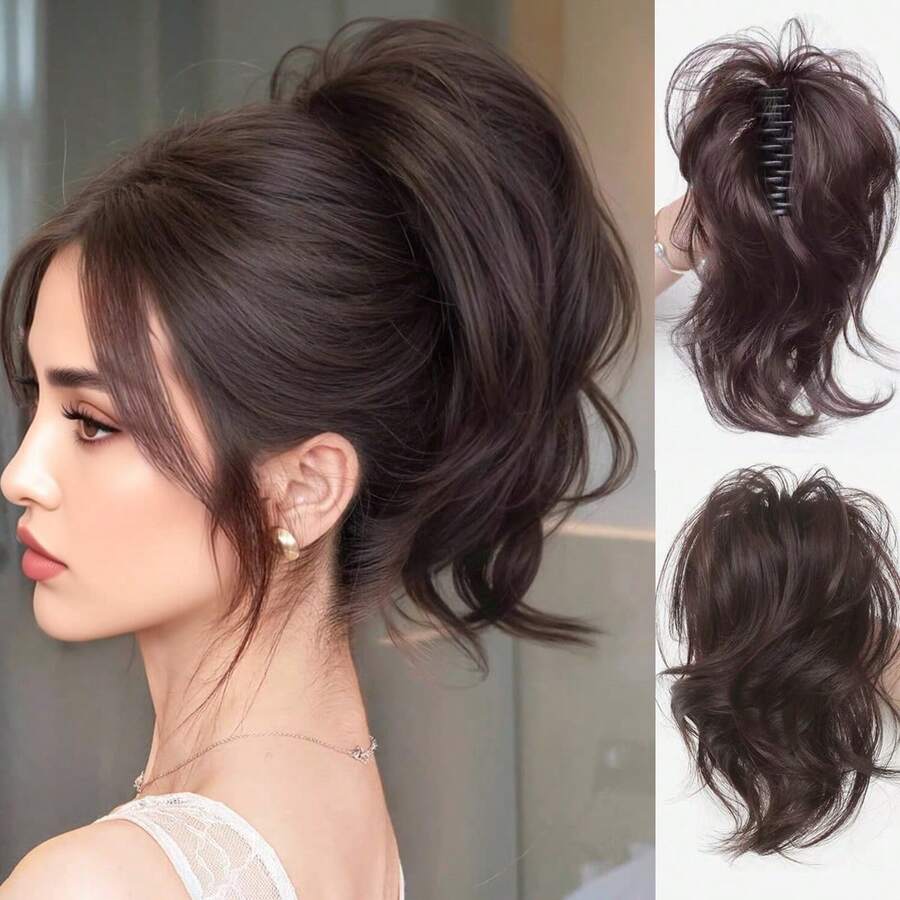 High Crown Fountain Curly High Ponytail Wig, Elegant Lady Style, Hair Clip, Voluminous Hair Extension, Realistic Short Hair Braid - Multicolor - View 1