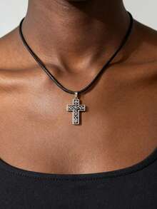 1pc Vintage Rose Cross Pendant Necklace, Fashion Accessory For Women's Party, Gathering, Music Festival - Antique Silver - View 1