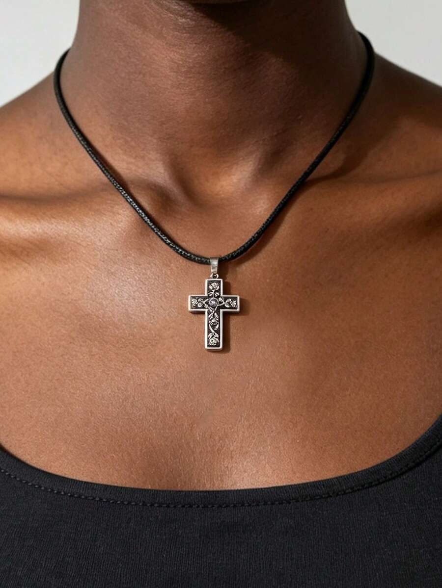 1pc Vintage Rose Cross Pendant Necklace, Fashion Accessory For Women's Party, Gathering, Music Festival - Antique Silver - View 1