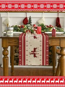 1pc Red And Black Buffalo Plaid Reindeer Design Christmas Table Runner, Christmas Tablecloth, Christmas Long Tablecloth, Faux Linen Polyester Material, Gift, Protective Cover, Rectangular Tablecloth, Washable, Suitable For Home Dinner, Coffee Table, Kitchen And Dining Room Decoration, Table Decoration Party And Scene Decoration, Home Decor, Outdoor Patio Table Runner Decoration, Entryway Decoration, Fireplace Mantle Decor - Red - View 11