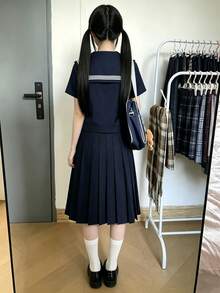 1 Buah Setelan Kostum Seragam JK Dasar Kerah Pelaut Biru Tua Manis Gaya Jepang, Cocok untuk Pesta Liburan dan Pertunjukan, Cocok untuk Semua Hari Libur, Hadiah Hari Valentine, dan Pakaian Sehari-hari untuk Liburan. - Navy Blue - View 5