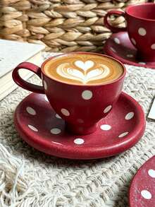 Vintage Polka Dot Distressed Design Coffee Cup And Saucer, Office Afternoon Tea Cup, Glazed Ceramic Breakfast Milk Mug - Burgundy - View 7