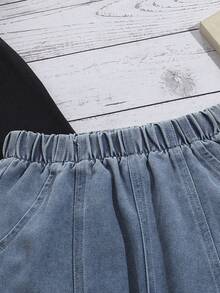 Celana Pendek Denim untuk Balita Perempuan, Model Kaki Melebar, Gaya Baru Serbaguna dengan Hiasan Pita Mutiara dan Belahan di Bagian Bawah, Jeans Ringan dan Tidak Melar - Biru - View 5