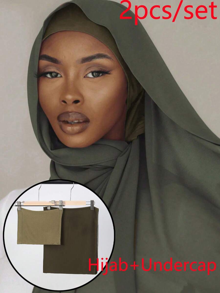 2PCS Women's Solid Color Chiffon Hijab With Matching Tube Cap Set, Comfortable Breathable Chiffon Headscarf And Premium Jersey Inner Cap, Muslim Daily Wear, Suitable For Work, Commute, Outings, Gatherings, Evening Events, Prayer, Long Scarf Set, All Season Wear