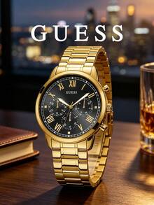 GUESS W1309G2 男士石英計時腕錶，全金金色調不鏽鋼錶帶、黑色羅馬數字錶盤，100M防水商務正裝手錶 - W1309G2 - 查看 9