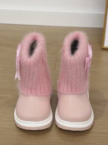 1雙女嬰蝴蝶結裝飾毛絨內裡保暖舒適平底短靴雪地靴，適合秋冬 - 粉色 - 查看 2