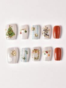 Comfort Wearing Experience,10Pcs Medium Square Press‑On Nails Kit,Vintage Xmas 3D Embossed Tree Wreath Snowflake Letter Pattern,Reusable Kit With Jelly Glue & Nail File,For Women Holiday Daily Wear - Multicolor - View 8