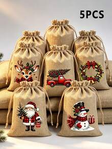 5/12pcs Christmas Burlap Gift Bags, Christmas Gift Bags, Reusable Drawstring Bags, 5 Christmas-Themed Designs Randomly Shipped, Suitable For Christmas Party Favors, Birthday Gifts, Christmas Tree Decorations - Type a - View 10