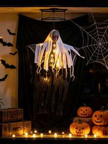 1PC Halloween Hanging Ghost Skull Decor, LED Lighted Skeleton Ghost Ornament, Spooky Hanging Decoration For Tree, Yard, Porch, Haunted House, Party Holiday Decor - Multicolor - View 8