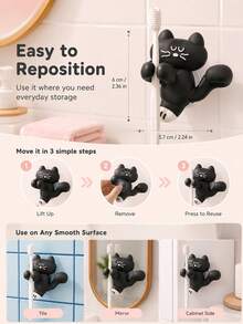 This Cute Cat-Shaped Wall-Mounted Storage Rack Functions As Both A Toothbrush Holder And A Cable Clip. It Features A Drill-Free Hook Design, Suitable For Bathroom Counters, Desks, And Charging Cable Organization, Making It Practical And Aesthetically . - Multicolor - View 6