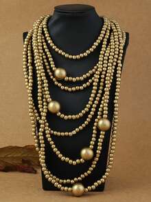 European American African Exaggerated Bohemian Multi-Layer Colorful Wooden Bead Long Necklace - Gold - View 5