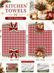 2pcs Christmas Red Plaid Bow Bell Holly Pine Cone Pattern Kitchen Towels, Soft Polyester Dish Cloths, Suitable For Kitchen Decor, Kitchen Cleaning, Holiday Party Decoration, Kitchen Bathroom Supplies Home Essentials, Home Decor, Housewarming Gift - Multicolor - View 4