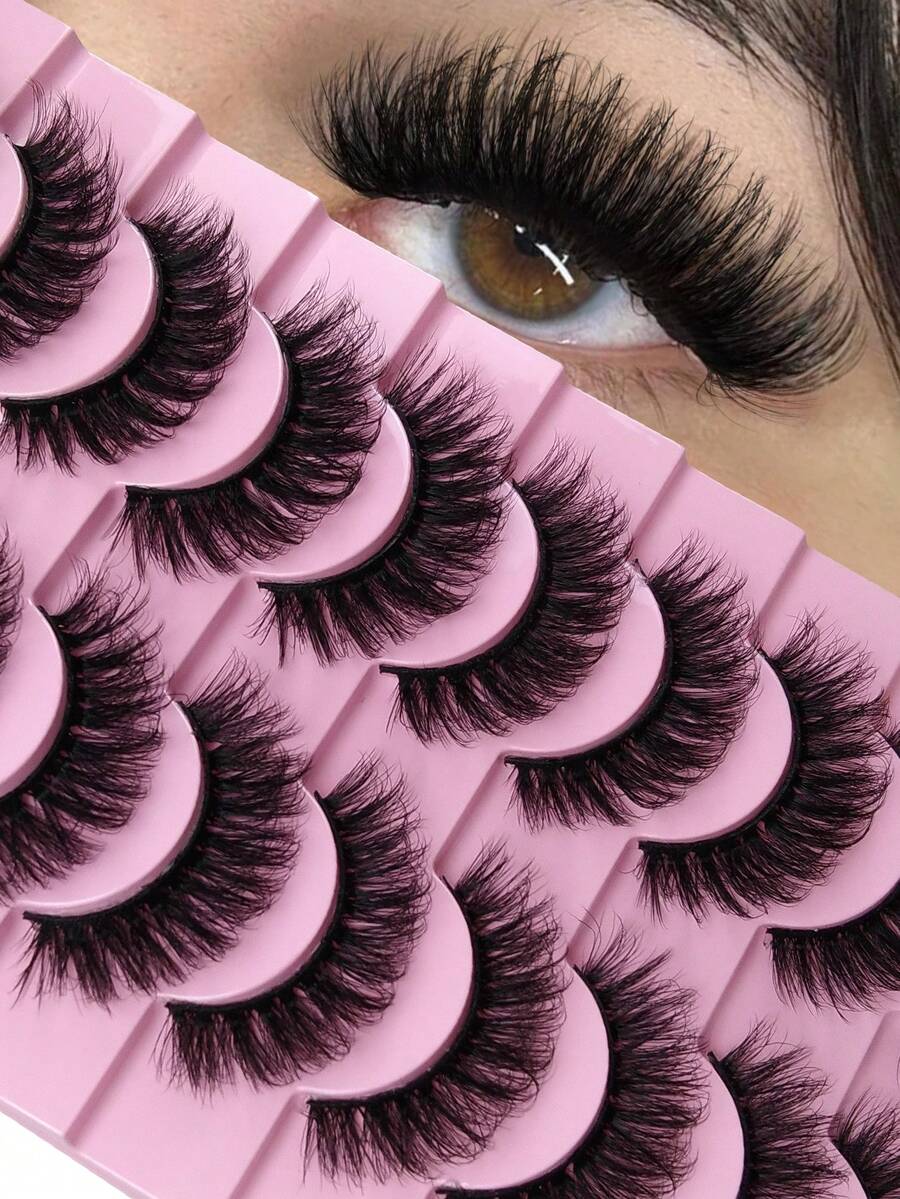 Hinarin 10 Pairs D Curl False Eyelashes Fluffy Volume Fake Eyelashes Black Band Classic Mink Hair Simulation False Lashes Crossed 5D Dense Strip Lashes Soft Natural Eyelash For Party Use Travel Essentials