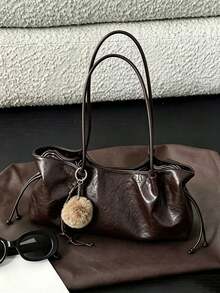 Vintage Drawstring Underarm Shoulder Tote Bag, Paired With Atmospheric Hanging Decorations, Suitable For Daily Commuting, Shopping, Dating, And Travel - Coffee - View 9