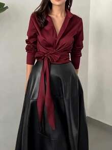 Women's Elegant Elegant Lapel Long Sleeve Tie Waist Satin Blouse, Solid Color Front Button Closure, Suitable For Commute, Daily Wear And Dating - Burgundy - View 4