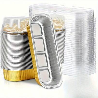 50pcs Mini Aluminum Foil Toast Baking Cups With Lids, 6.8oz, 6.5 X 2.6 X 2 Inch Disposable Rectangular Baking Cups