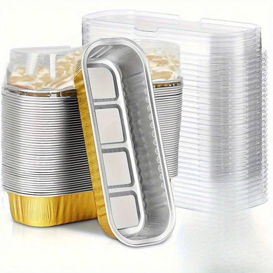 50pcs Mini Aluminum Foil Toast Baking Cups With Lids, 6.8oz, 6.5 X 2.6 X 2 Inch Disposable Rectangular Baking Cups
