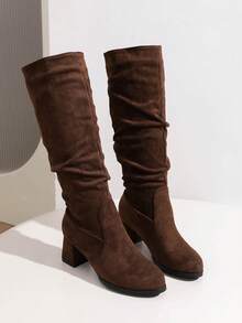 Vintage Ruched Knee-High Chunky Heel Tall Boots Fashion Slouch Boots For Women - Brown - View 6
