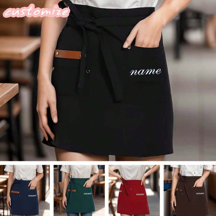 Customizable Canvas Half Apron For Women, Reinforced Stitching Extended Waist Belt, Durable Waist Apron, Waitress Server Work Apron For Restaurant, Cafe, Bakery, Home Kitchen Cooking & Food Service - Multicolor - View 1