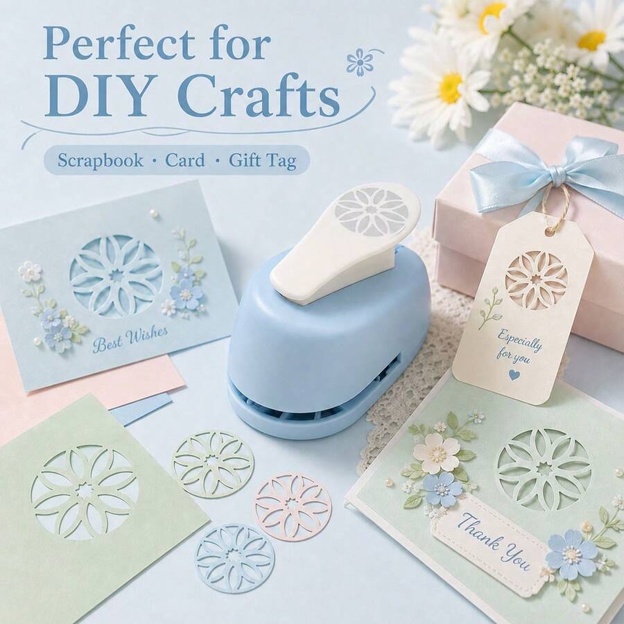 1pc Round Floral Hollow Paper Punch, 2.5cm Flower Pattern Manual Punching Tool, Wide Labor-Saving Press Handle, Durable ABS Plastic Shell With Metal Cutting Die, Bottom With Transparent Paper Scrap Collection Cover, Suitable For Craft Paper, Scrapbooking, Greeting Cards, Gift Tags And DIY Handmade Projects - B-Blue - View 1